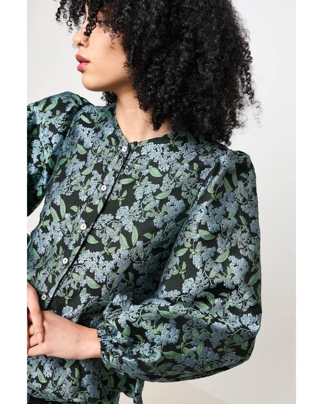 Louche Green Clementine Blossom Jacquard Peplum Blouse