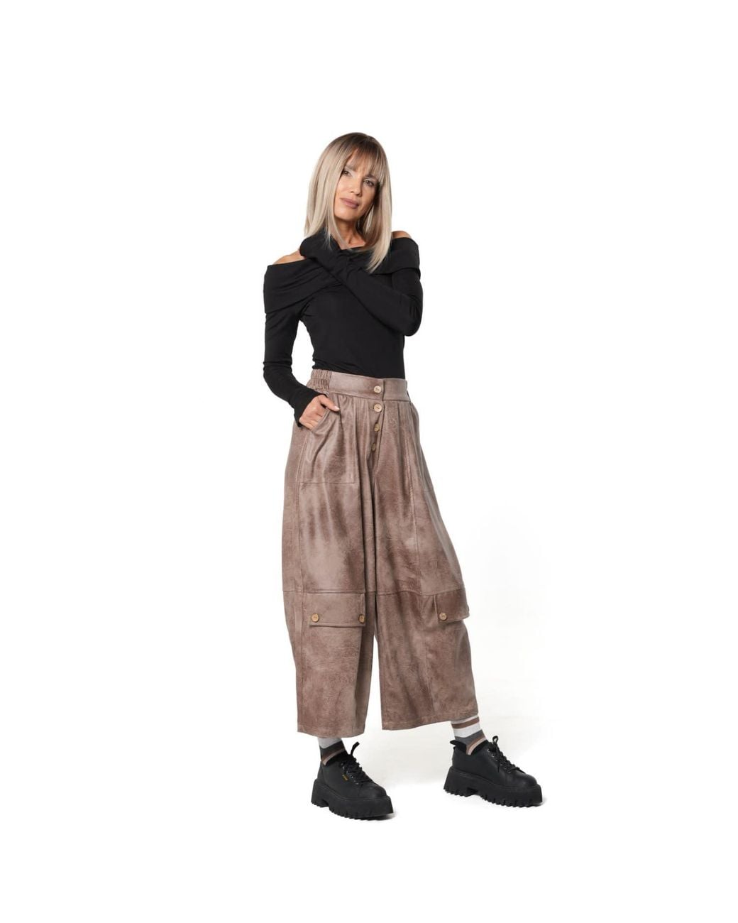 Metamorph Brown Wide-Leg Faux Suede Trousers With Buttons