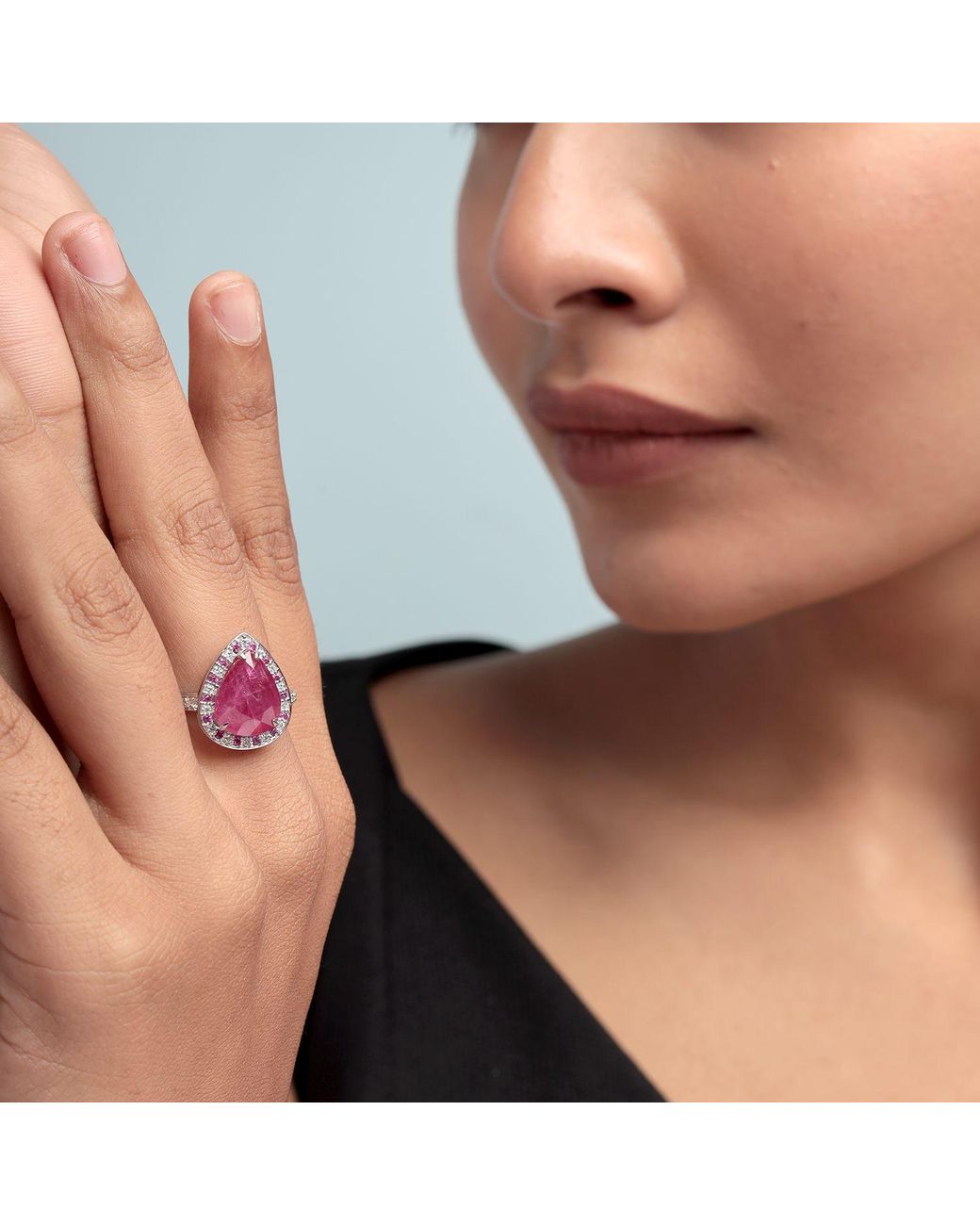 Artisan Pink Pear-Shaped Ruby, Diamond & Ruby Halo Ring