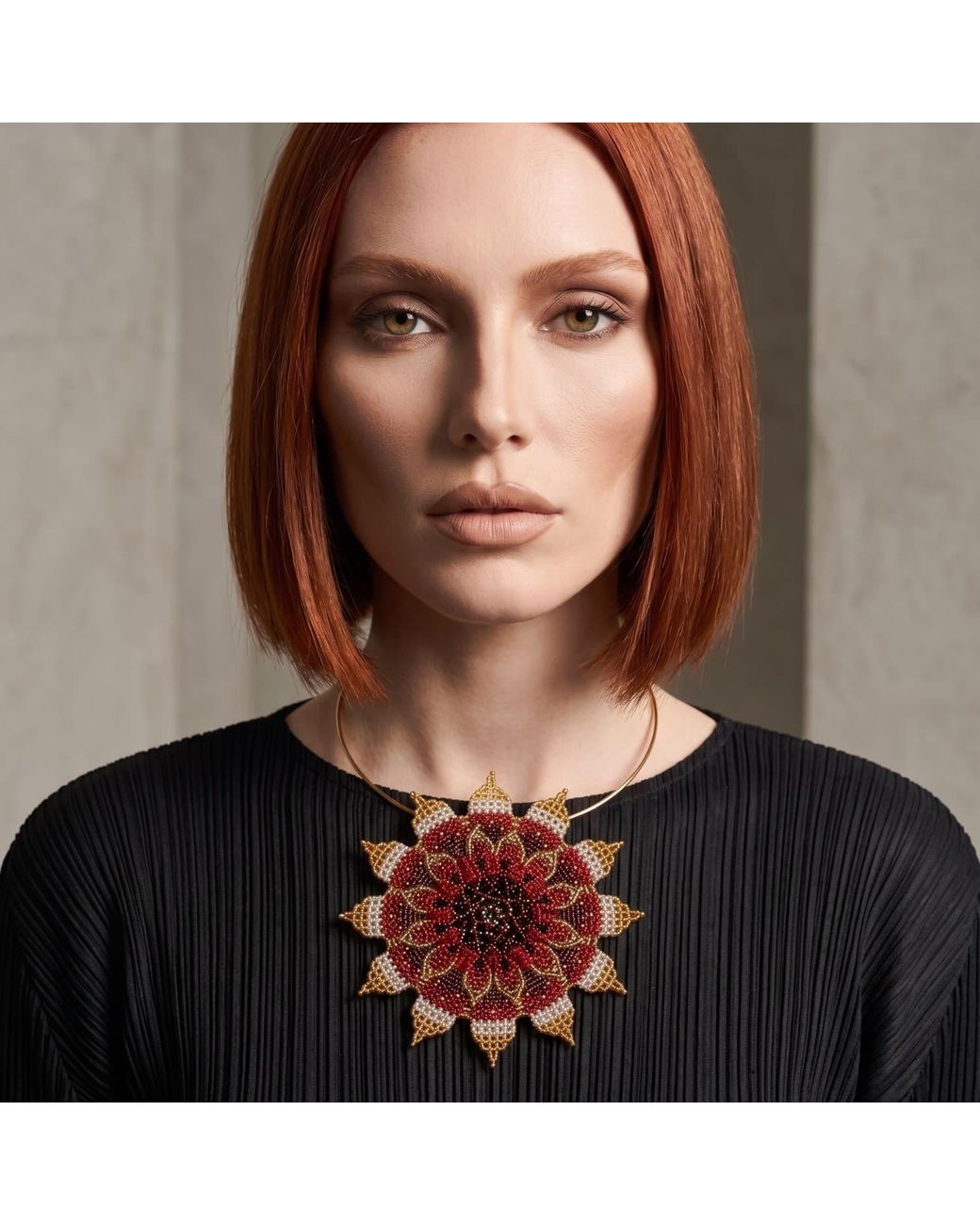Iliana Arrazola Red Flower Choker, Glass Beads, Beaded Jewelry