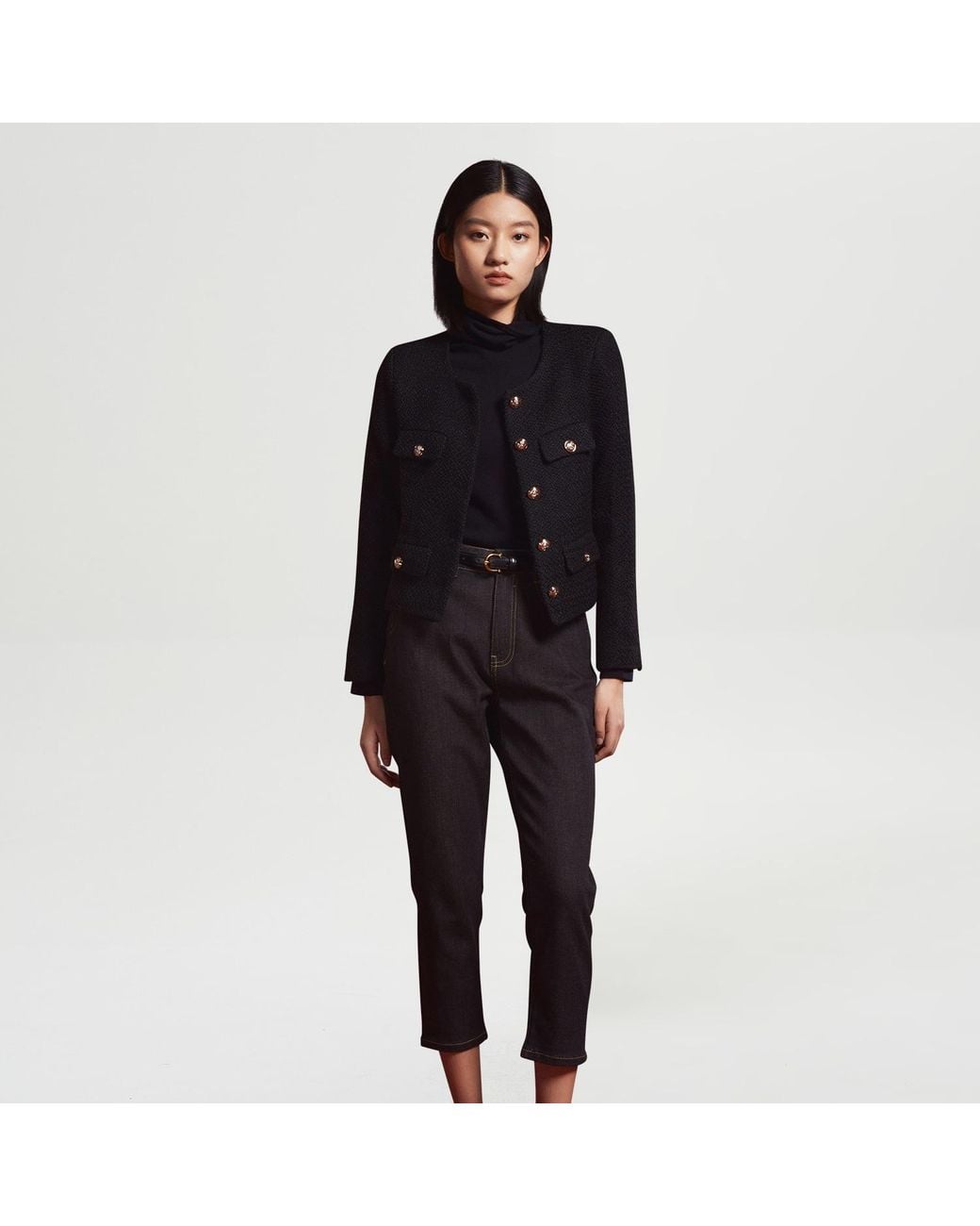 Smart and Joy Black Wool And Golden Buttons Short Jacket