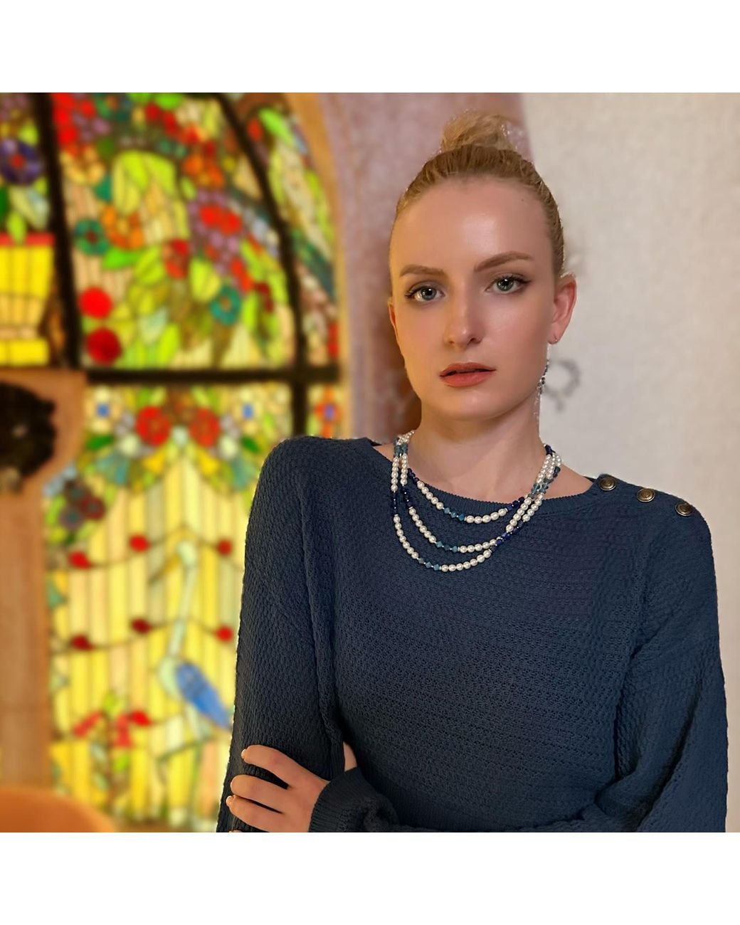 Farra Blue Gemstone And Freshwater Pearls Colour Blocking Multi-Strands Necklace