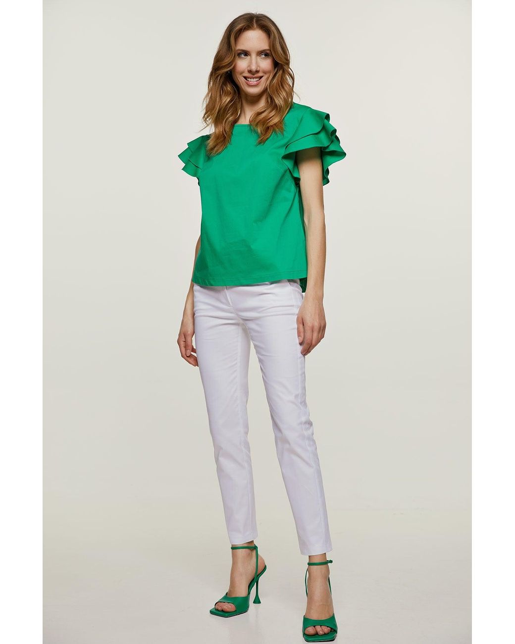 Conquista Green Sleeveless Frill Detail Cotton Poplin Top