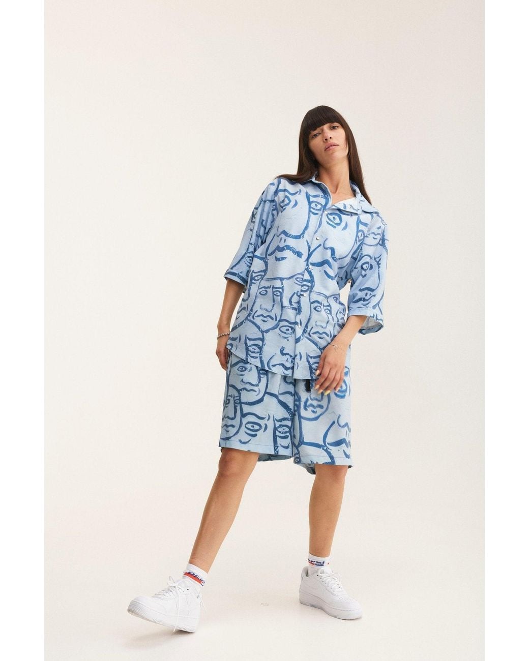 mysimplicated Blue Short Sleeve Shirt And Bermuda Set With Faces Design