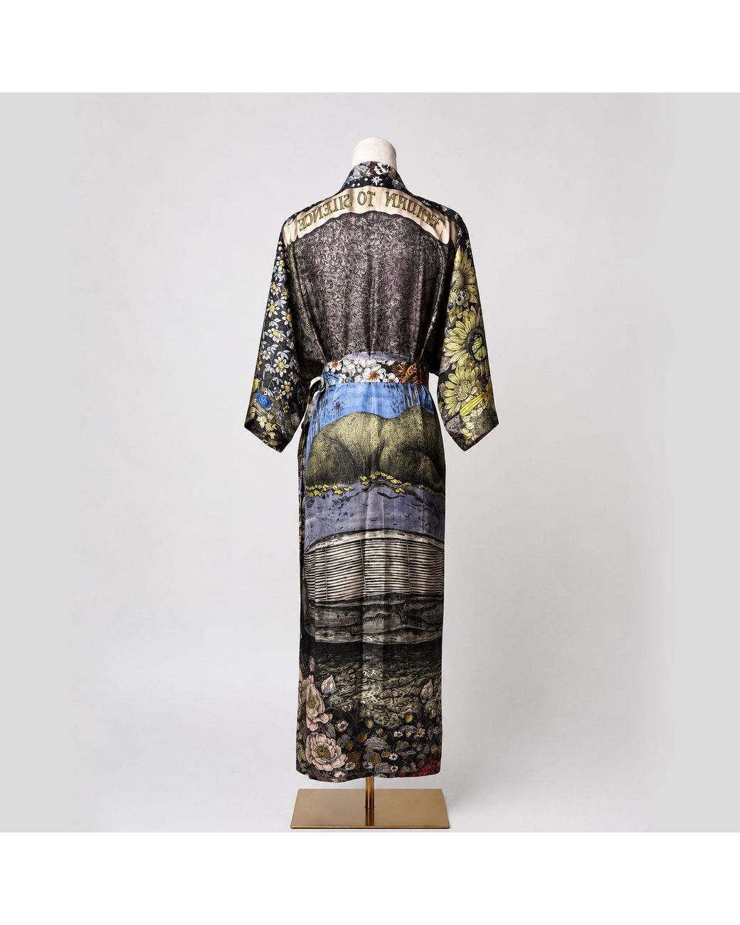 Wenzi Purple Return To Silence Double Sided Mulberry Silk Kimono Robe Reversible Luxury Floral Bear Bird Print Long Robe