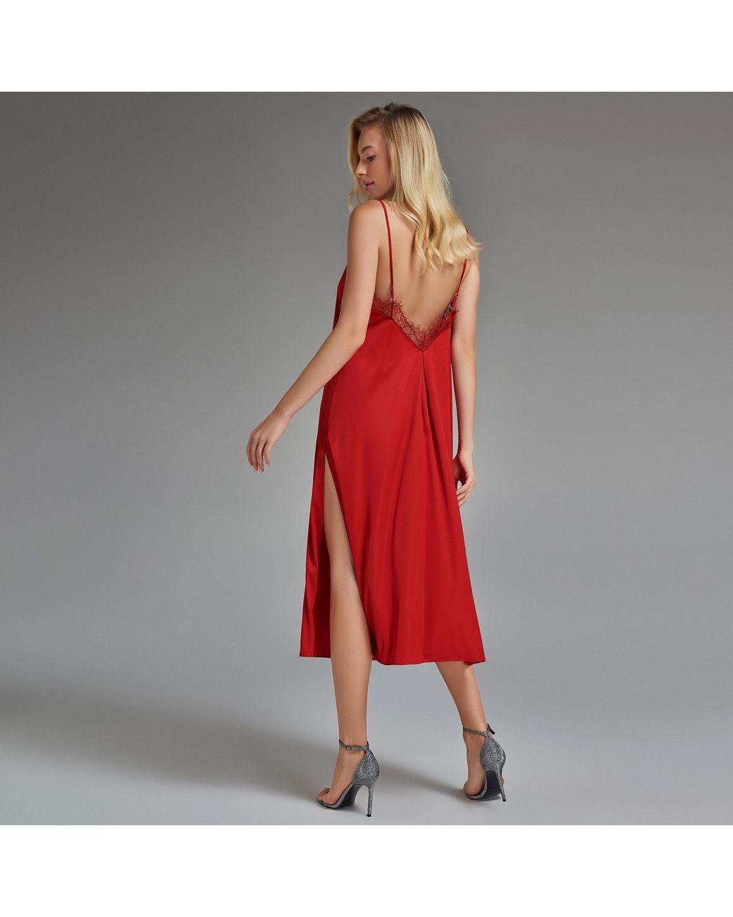 Avenue 8 Red Silk Lace Midi Slip Dress