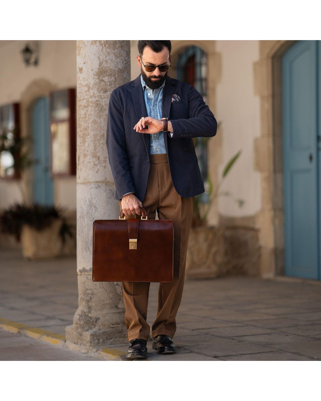 Time Resistance Brown Large Leather Briefcase for men