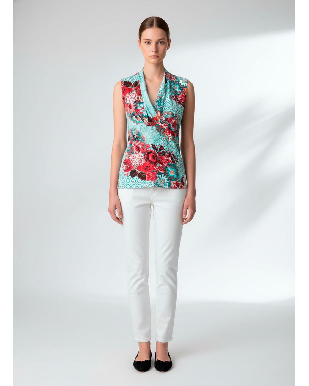 Conquista Red Chic Floral Sleeveless Top With Draped Neckline