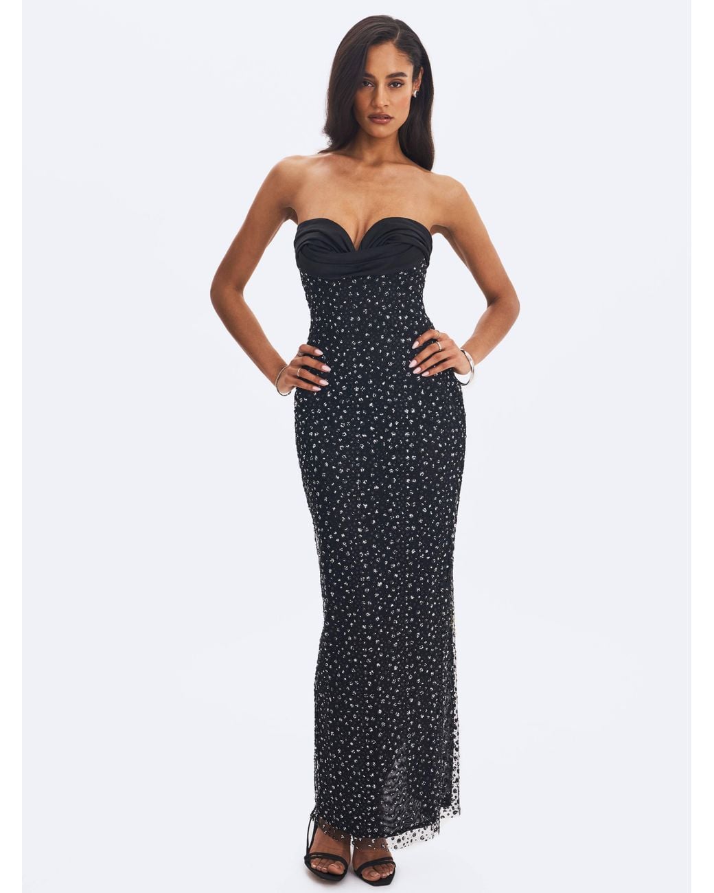 Miss Circle New York Black Preslie Satin & Crystal Mesh Sheath Maxi Dress