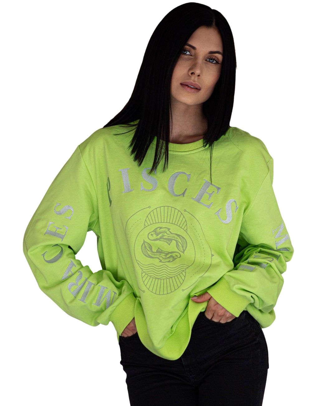 Miracles Manifester Green Oversized Embroidered Pisces Sign Sweatshirt