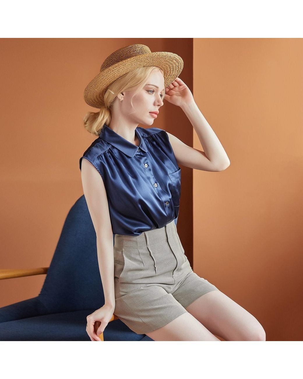 Soft Strokes Silk Blue Pure Silk Pointed Peter Pan Collar Sleeveless Blouse