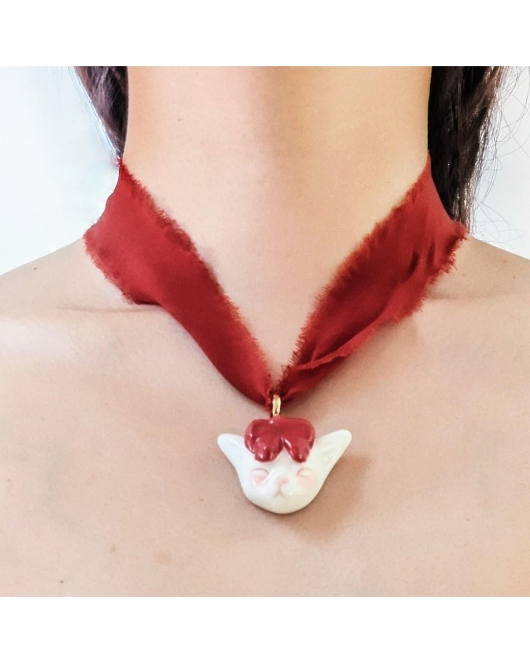 H2 Studio Red Angry Puss Ruby Silk Necklace Bowtie