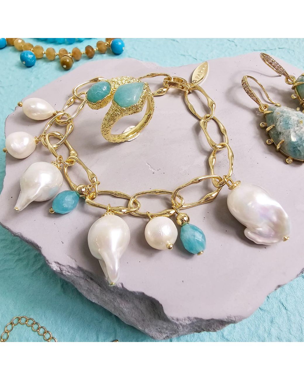 Farra Metallic Baroque Pearls With Amazonite Charms Bracelet