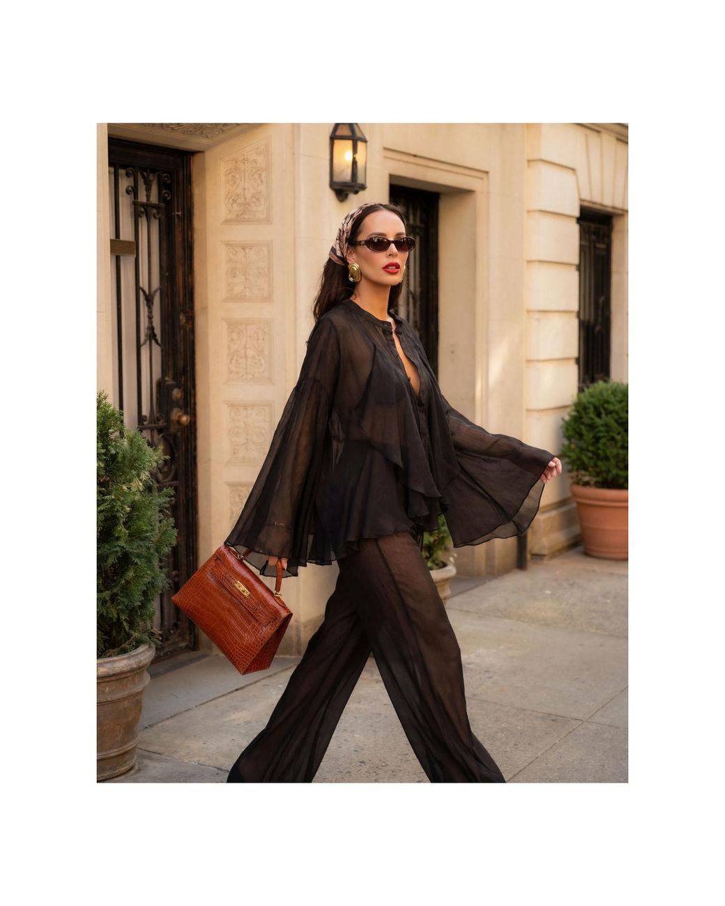 concept A trois Black Espresso Chiffon Blouse With Ample Ruffles
