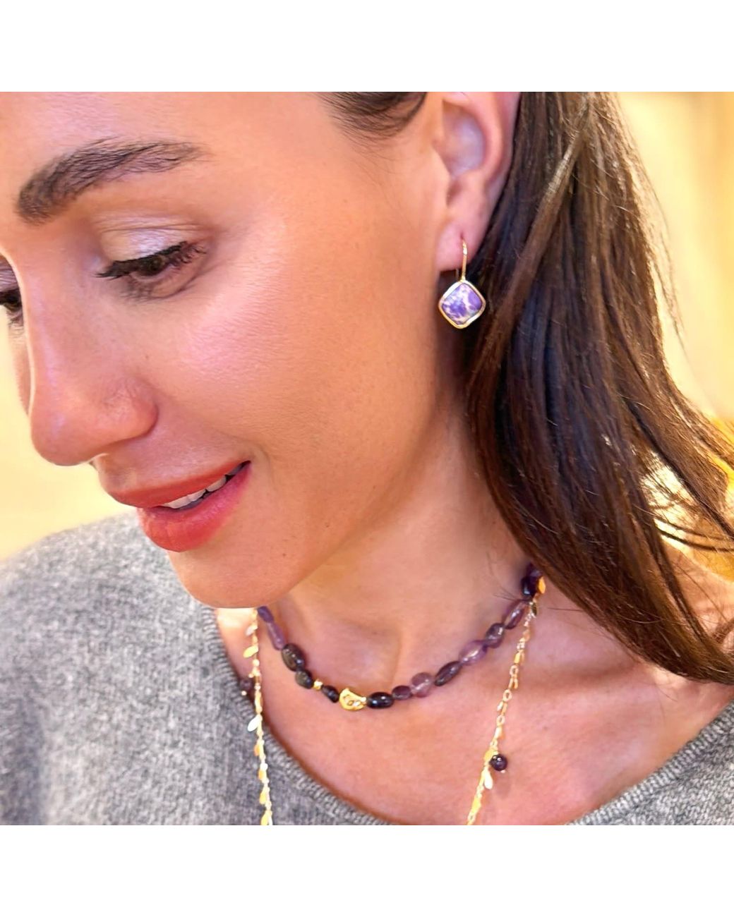 Farra Purple Minimalist Square Shaped Imperial Jasper Hoop Earrings
