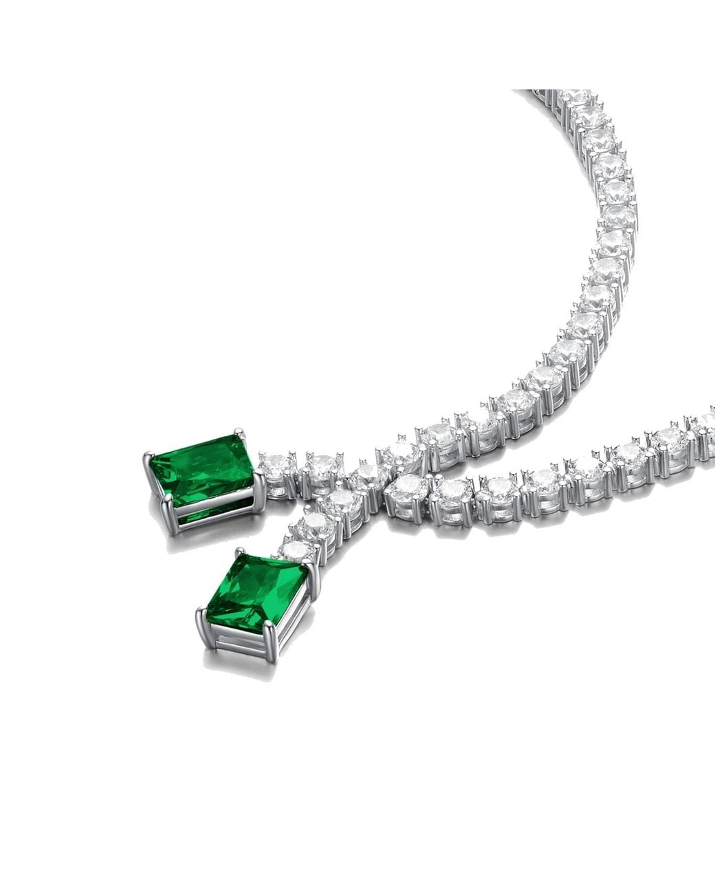 Genevive Jewelry Metallic Genevive Sterling Plated With Emerald Cubic Zirconia Two-Stone Collar Tennis Necklace