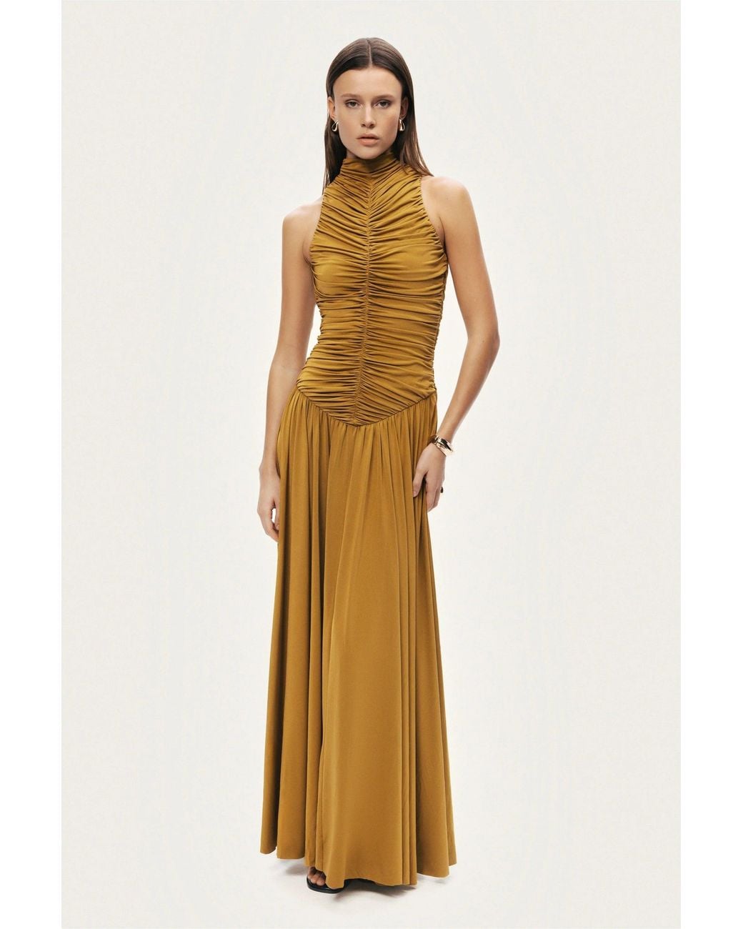Nocturne Metallic Ruched High-Neck Maxi Dress