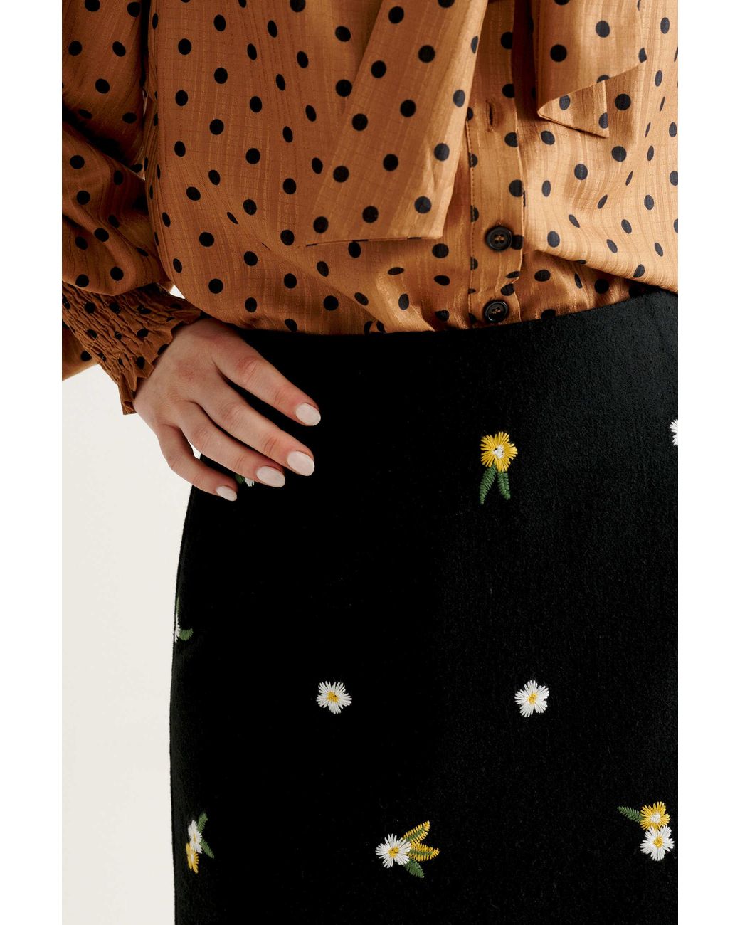 Louche Blue Aubin Daisy Embroidered Tweed A-Line Skirt