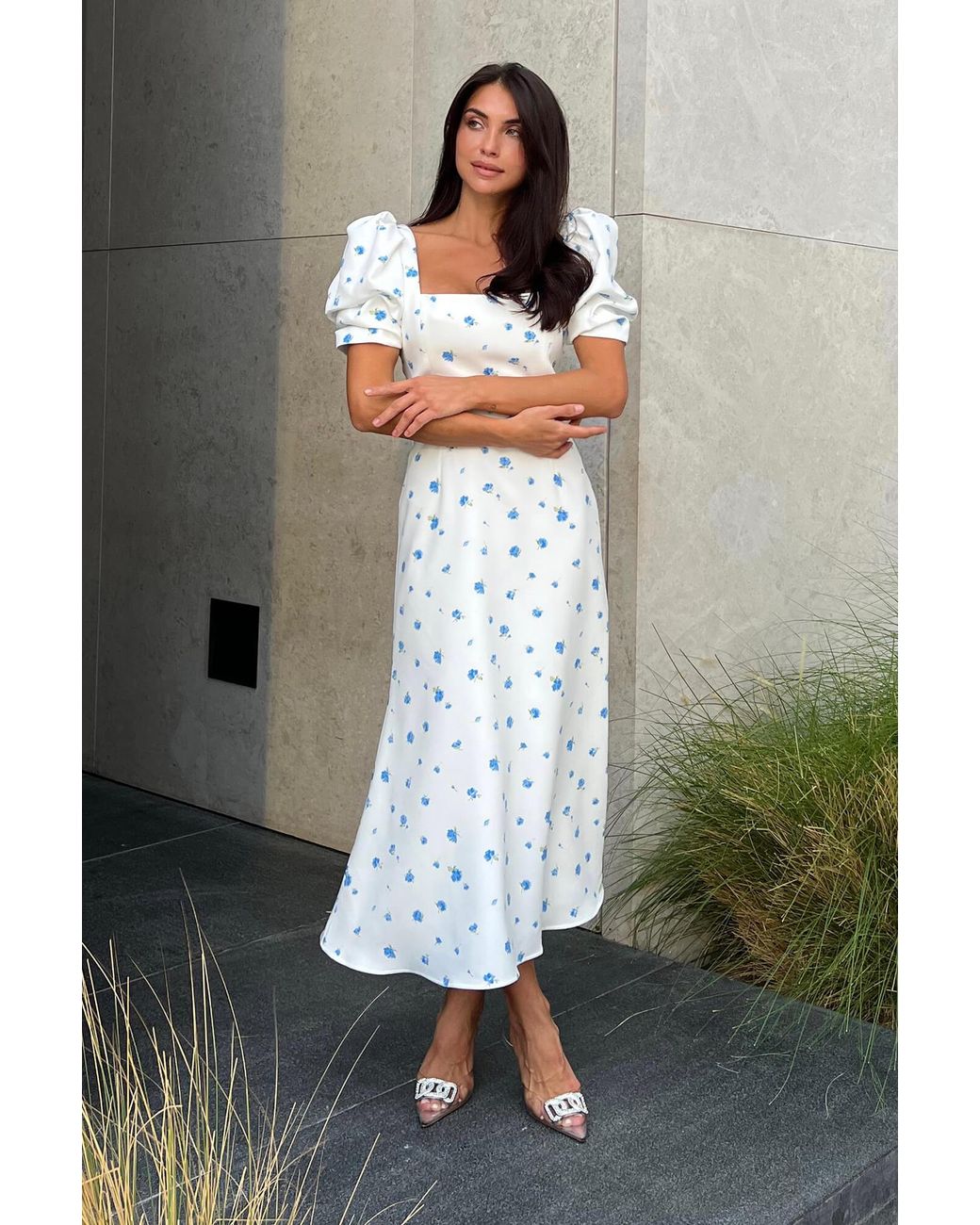 POST MERIDIEM White Godet Silhouette Square Neck Midi Dress