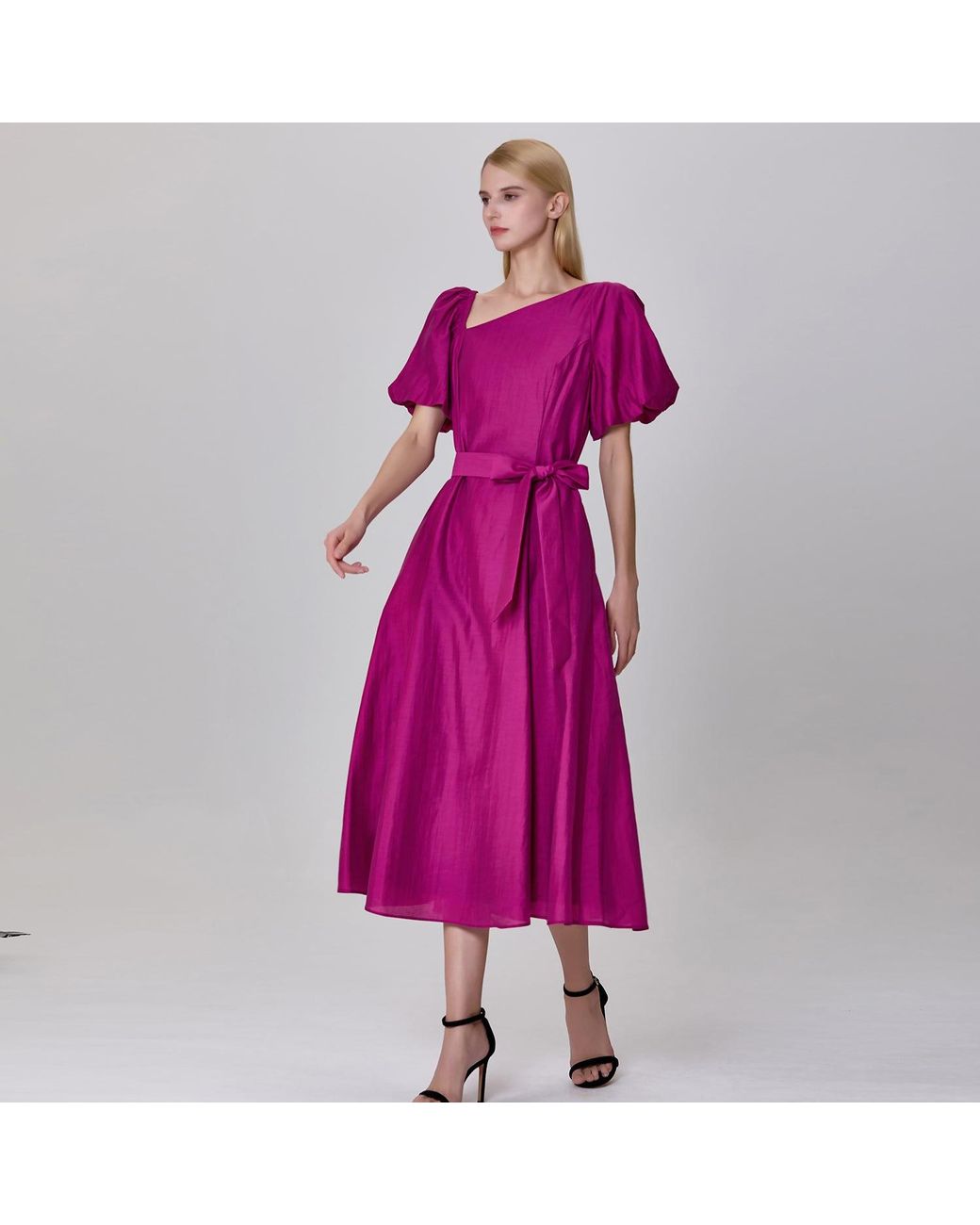 Smart and Joy Pink Fit-And-Flare Asymmetric Collar Dress