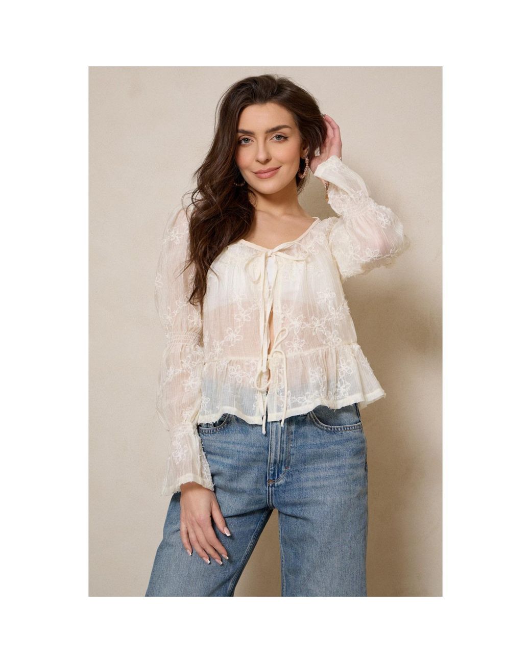 Saachi Natural Meadow Floral Tie Front Top