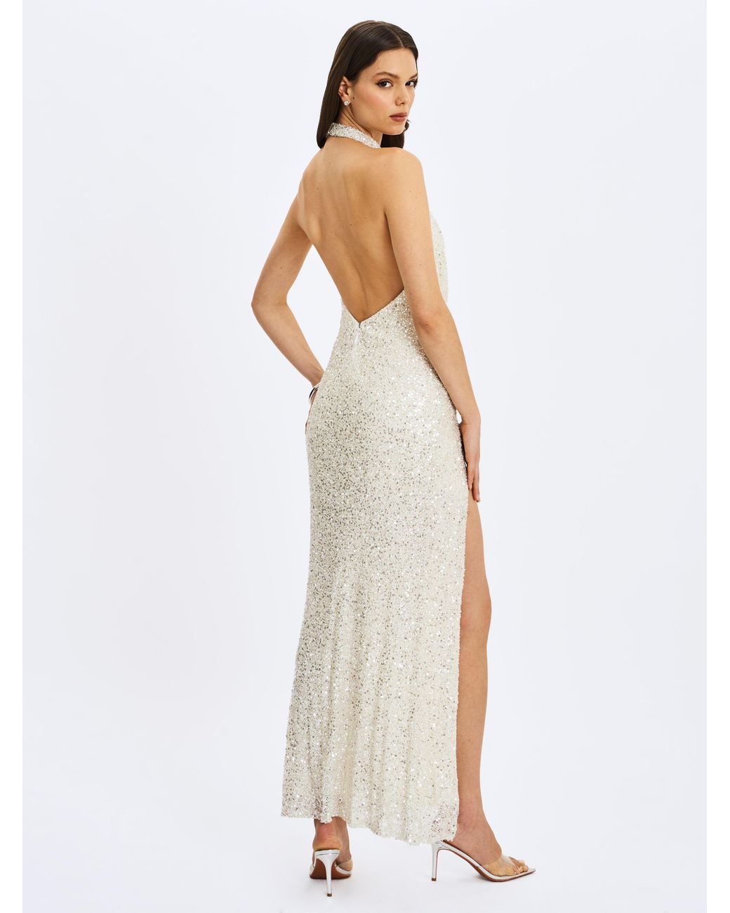 Miss Circle New York White Niamh Golden Beaded Cowl Halter Backless Maxi Dress