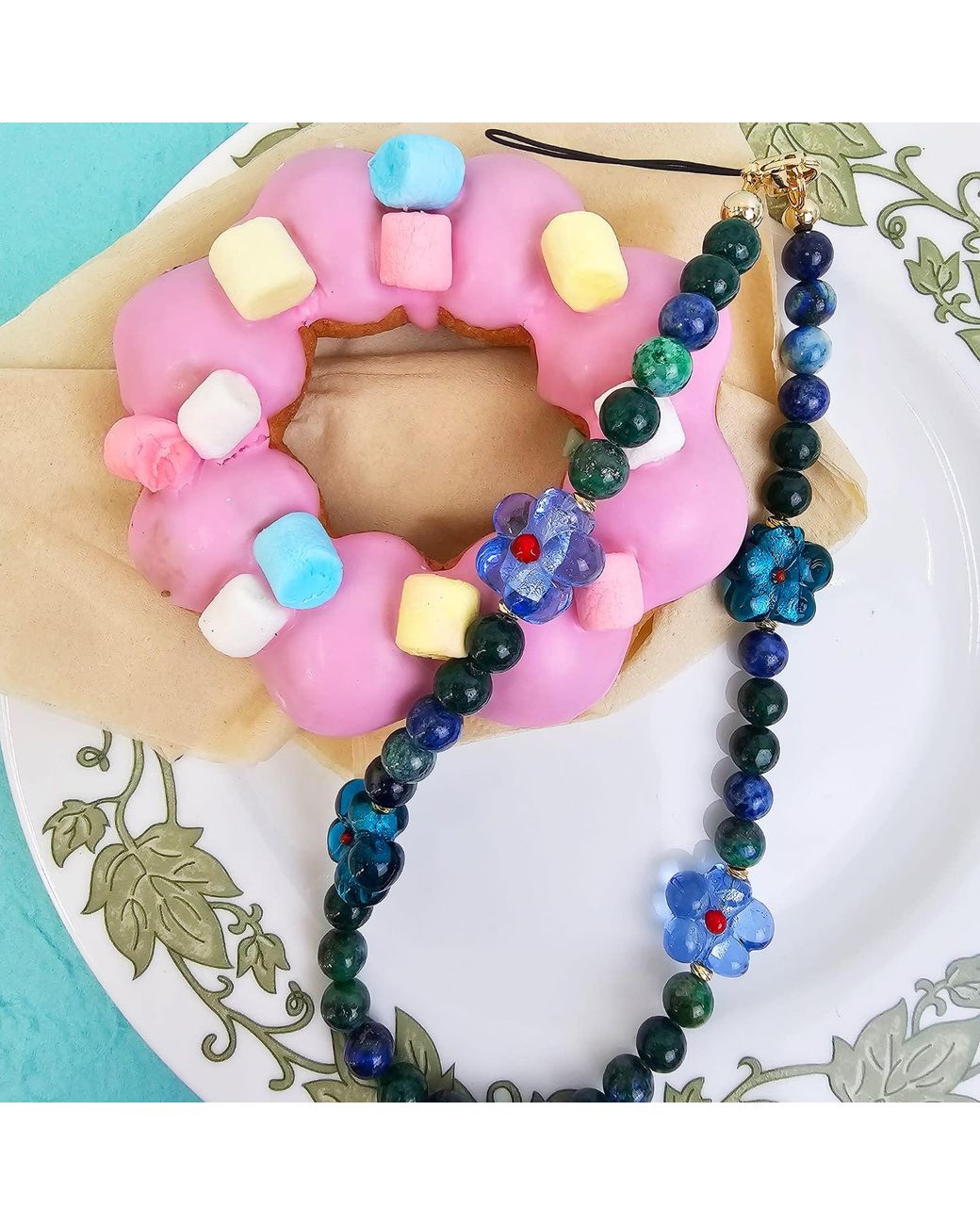 Farra Blue Phoenix Lapis Gemstone With Flowers Phone Semiprecious Stone Strap