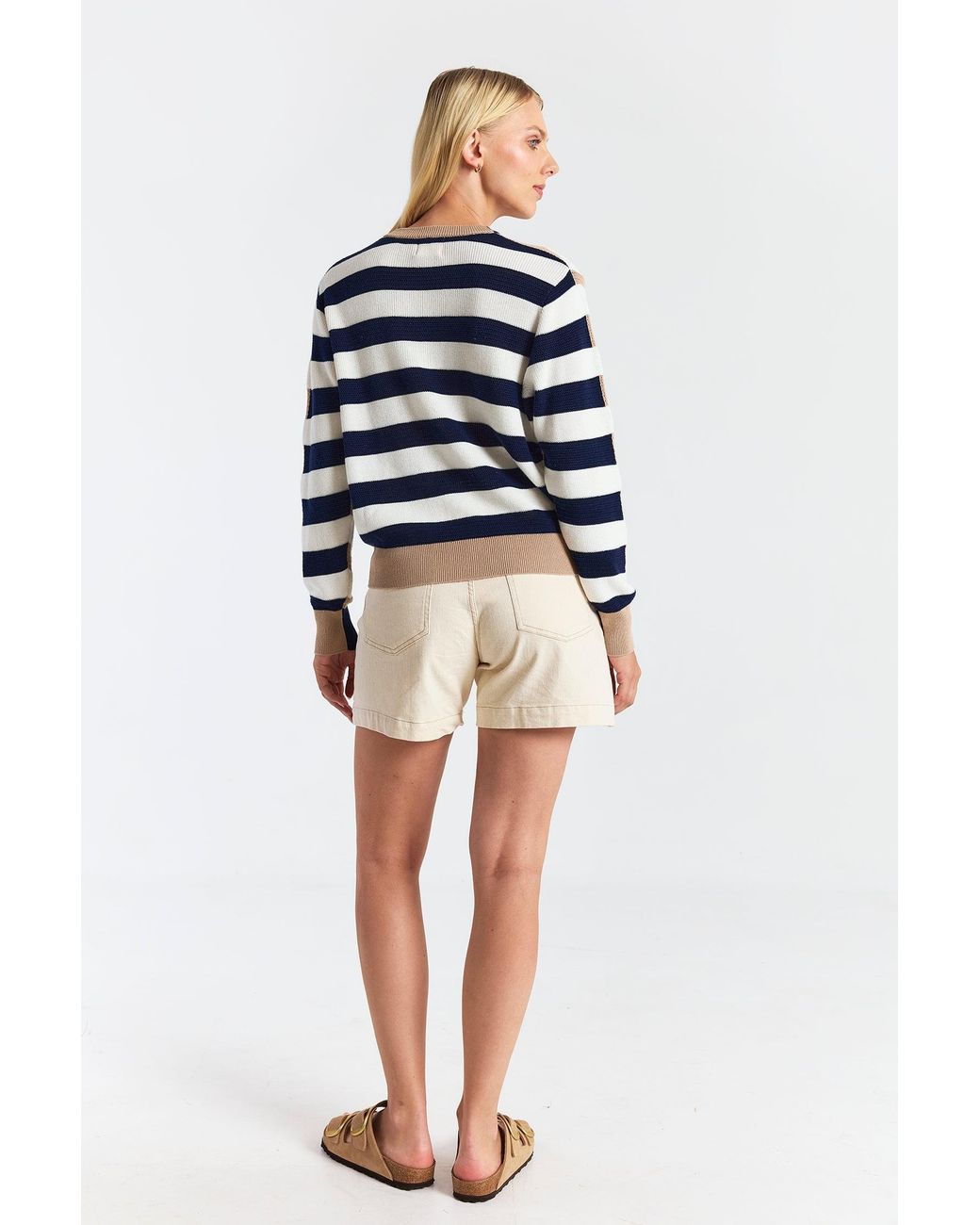Brodie Cashmere White Mesh Stripe Crew