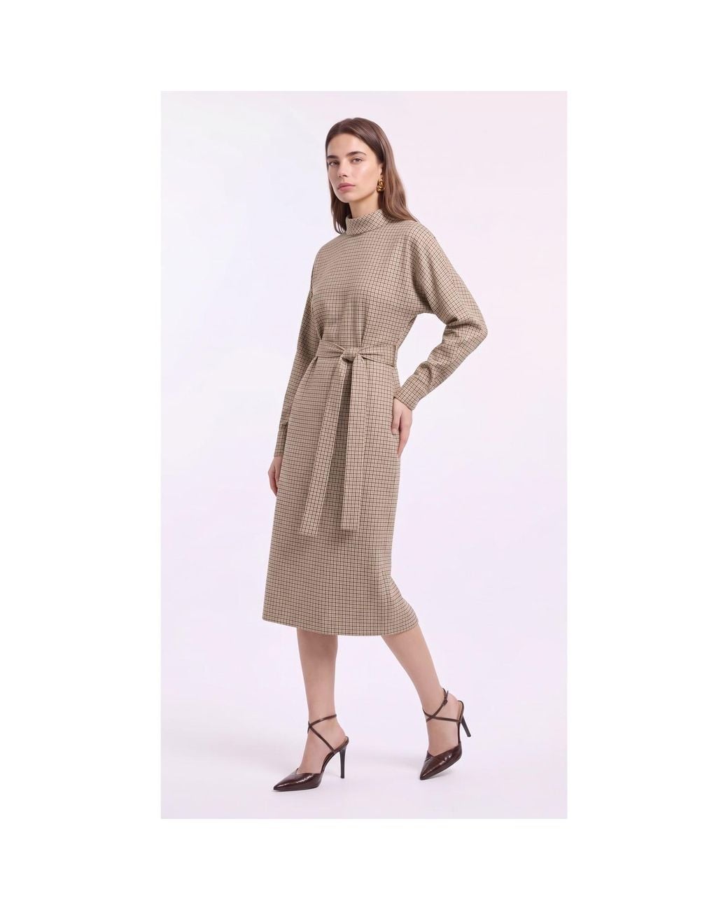 concept A trois Natural Neutrals Plaid Midi Dress With Waist Tie