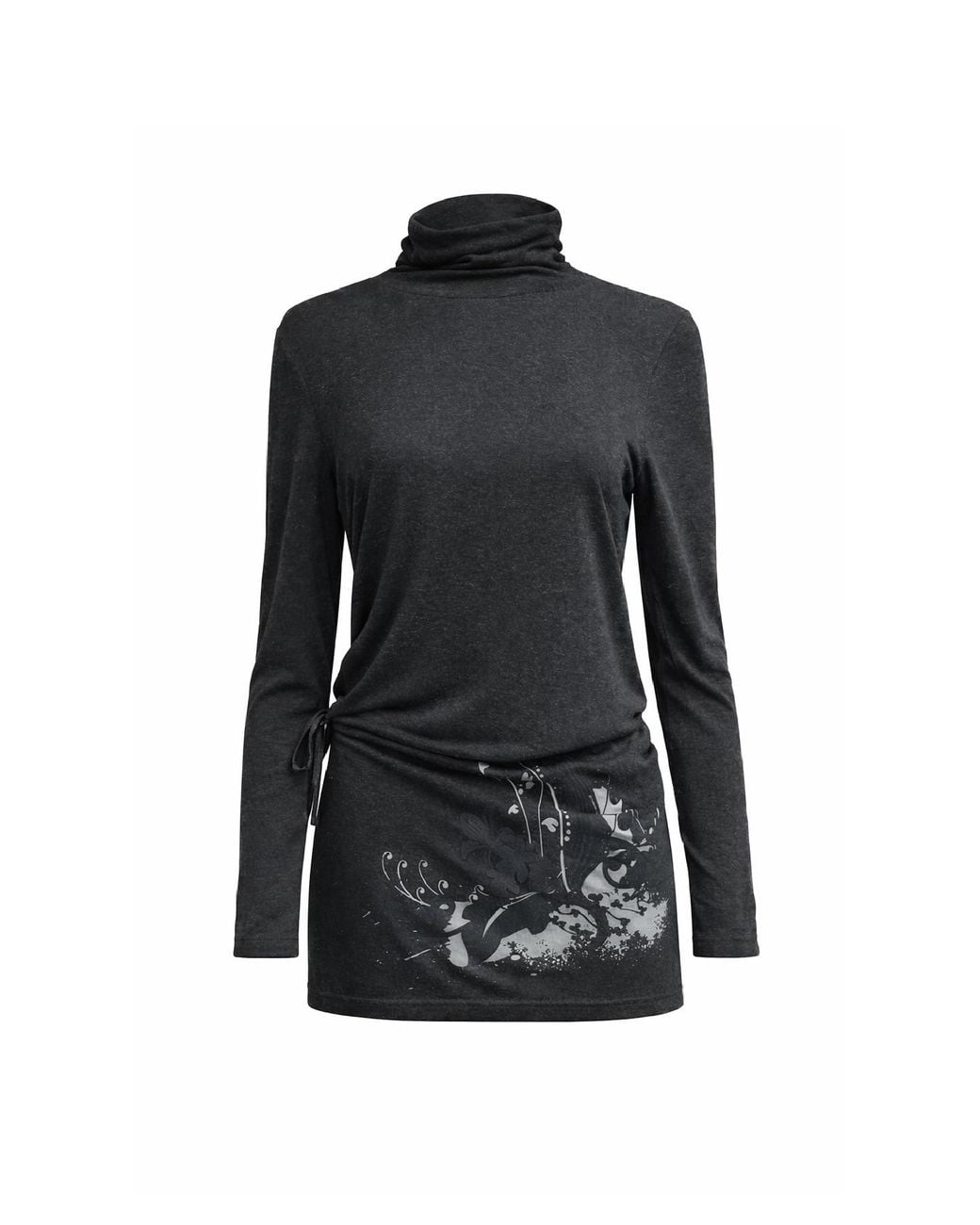 Conquista Black Printed Turtleneck Top With Adjustable Side Detail
