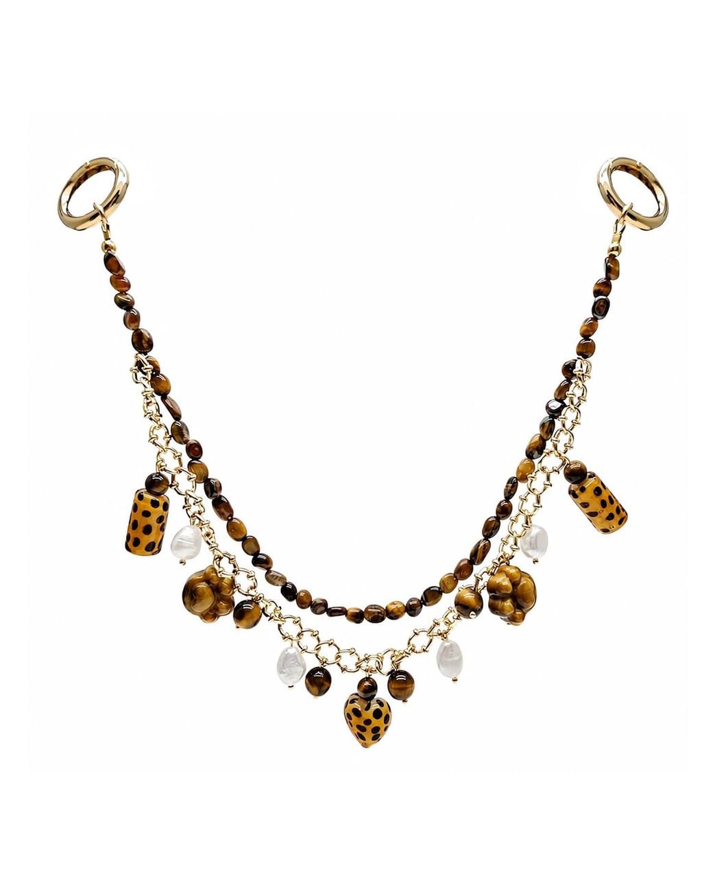 Farra Brown Leopard Print Tiger-Eye Stone And Pearls Layered Bag Charm