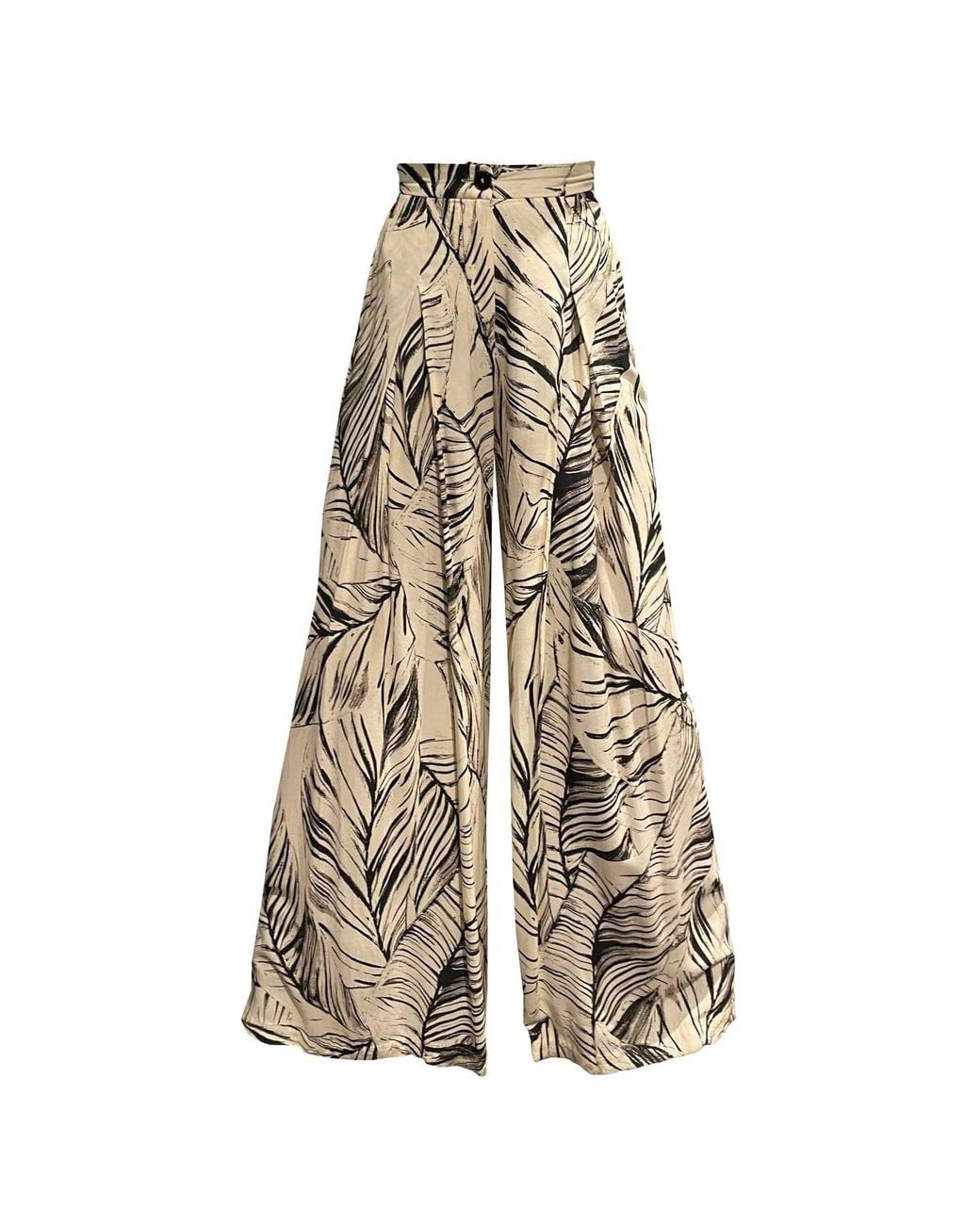 Imaatu Natural Neutrals Sande Tropical Print High-Waisted Wide-Leg Palazzo Pants Butter