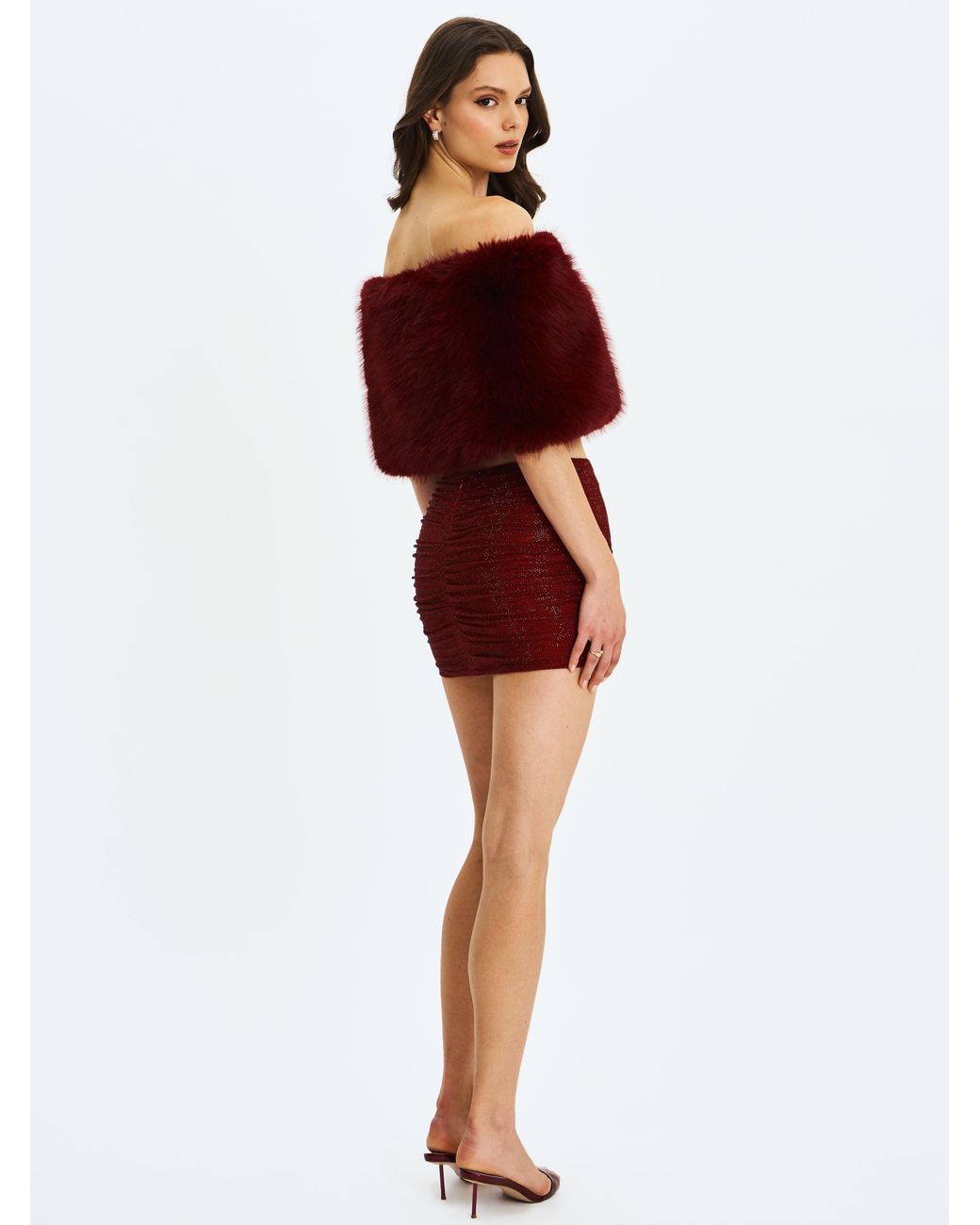 Miss Circle New York Red Darla Burgundy Faux Fur Off-Shoulder Cropped Top