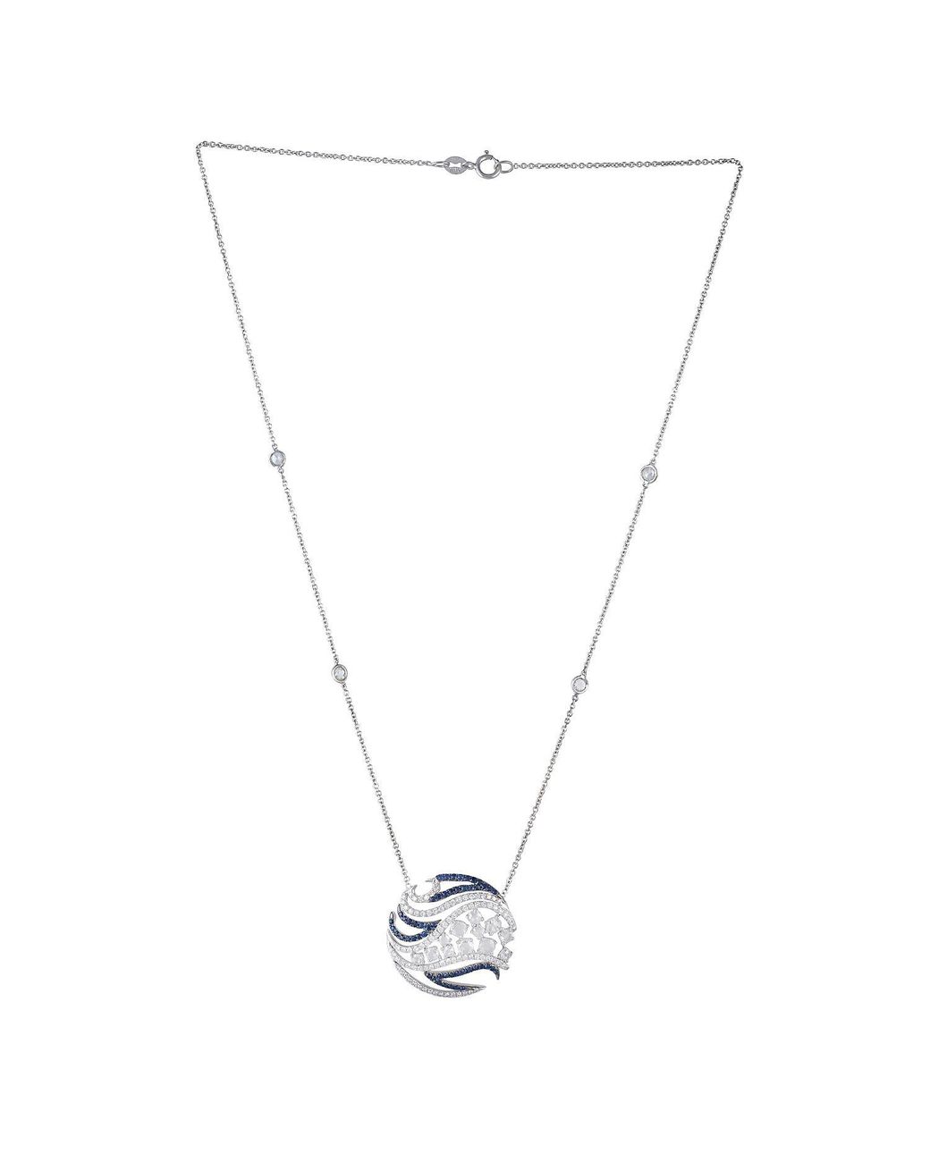 Artisan White Diamond 18k Gold Blue Sapphire Designer Princess Chain Necklace