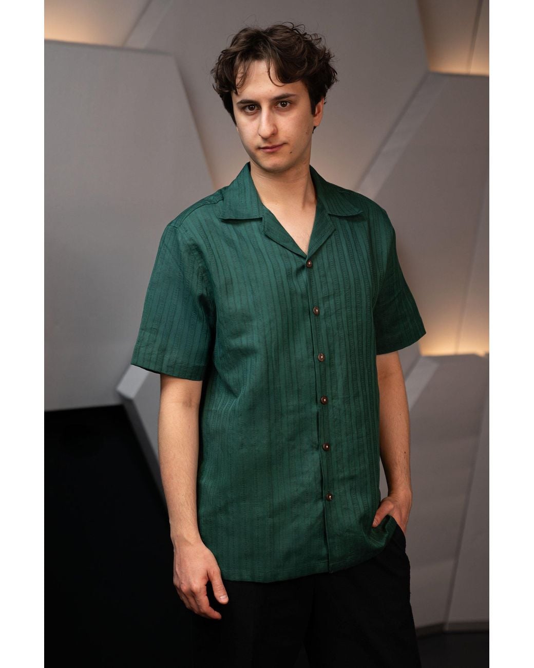 Stovaria Green Handwoven Hemp Camp Collar Shirt for men