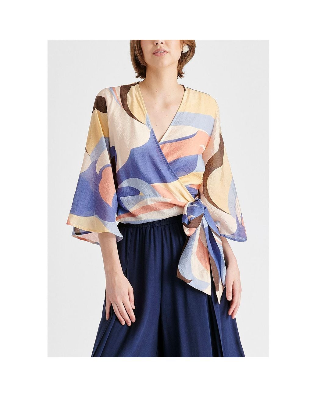 Paisie Blue Retro Wave Wrap Kimono Blouse