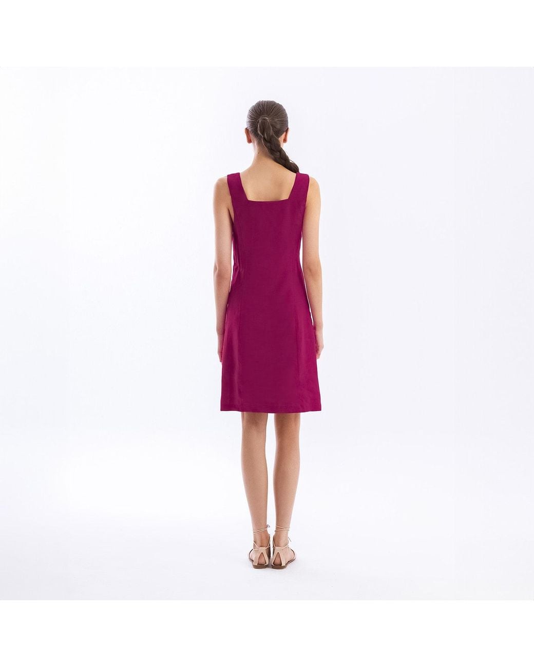 Haris Cotton Purple Mini Linen Dress Square Neckline Pomegranate