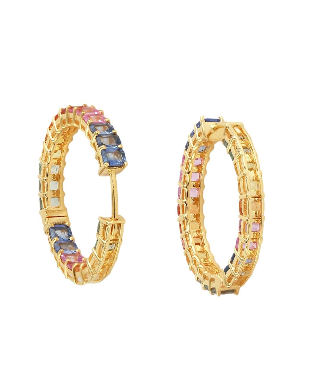 Artisan Metallic Multi Color Sapphire Gemstone Hoop Earrings