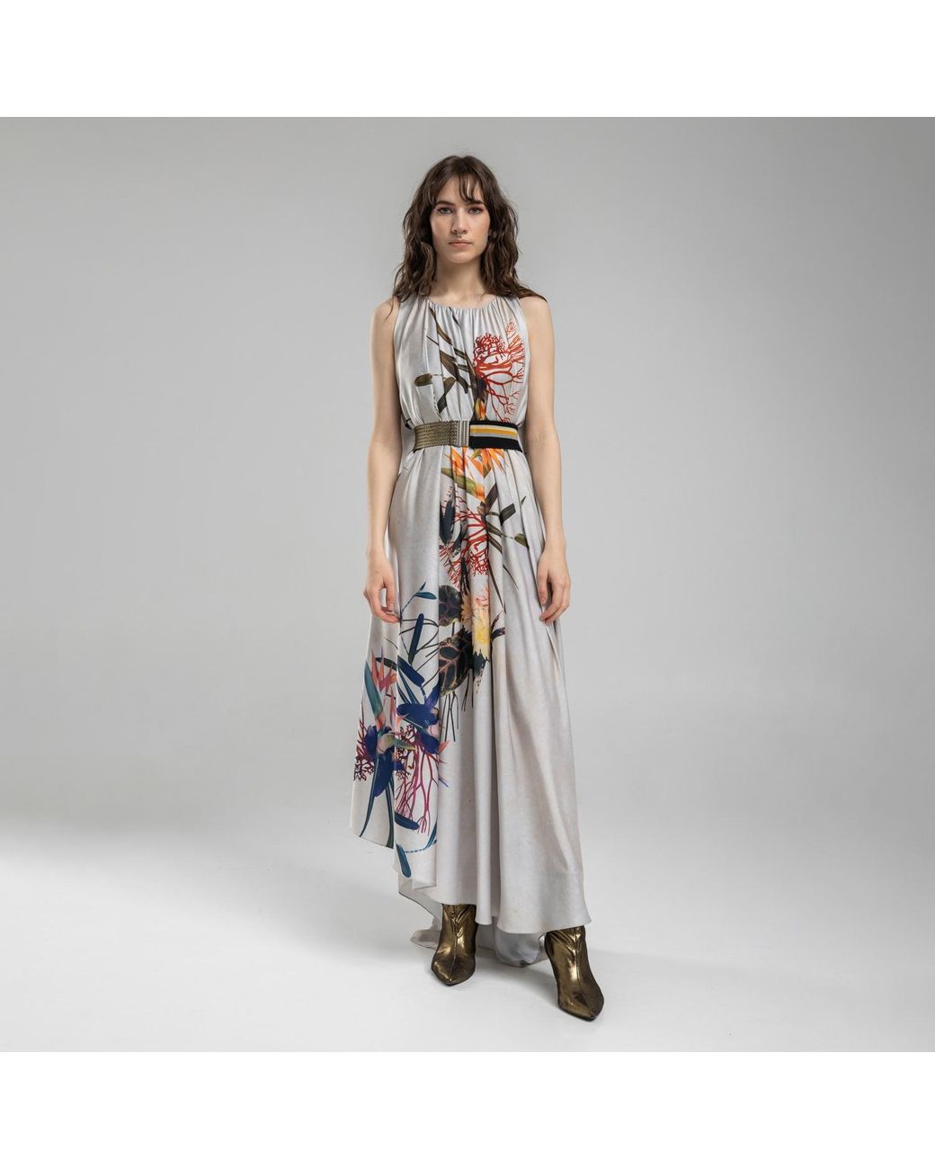 ARTISTA White Polyester Floral Print Maxi Dress
