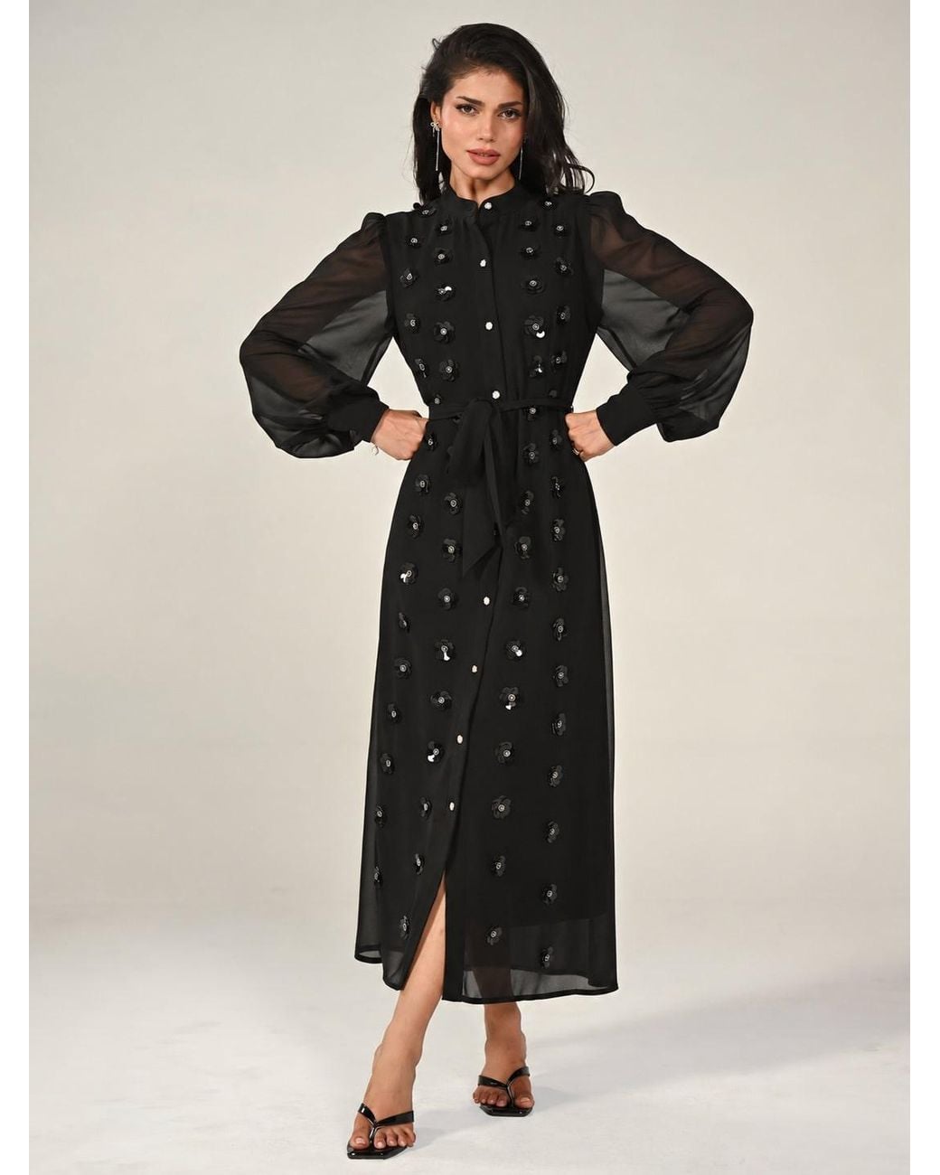 Rose & Nancy Morena Hand Embellished Midi Shirt Dress in Black | Lyst