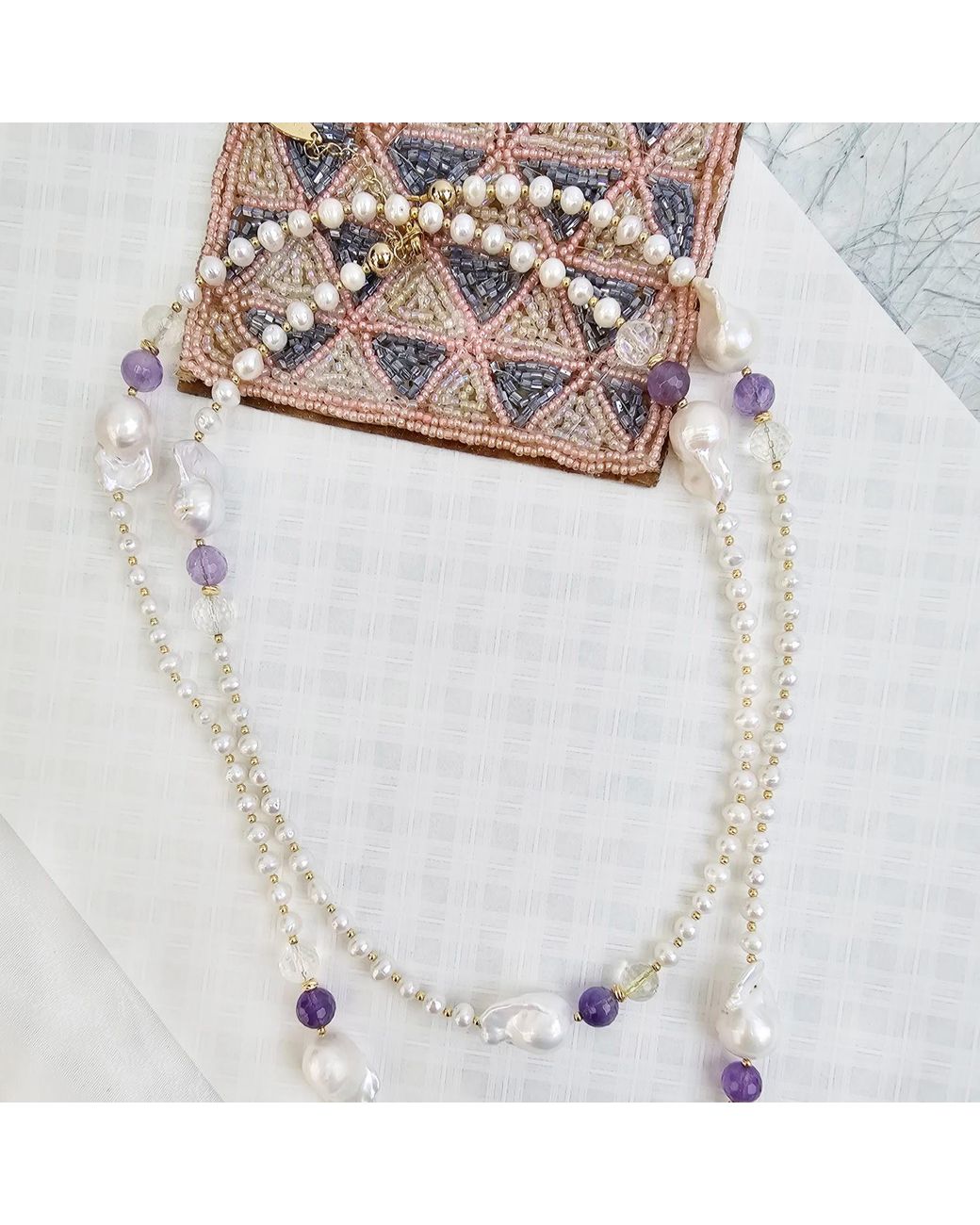 Farra White Baroque Pearls With Amethyst Long Necklace