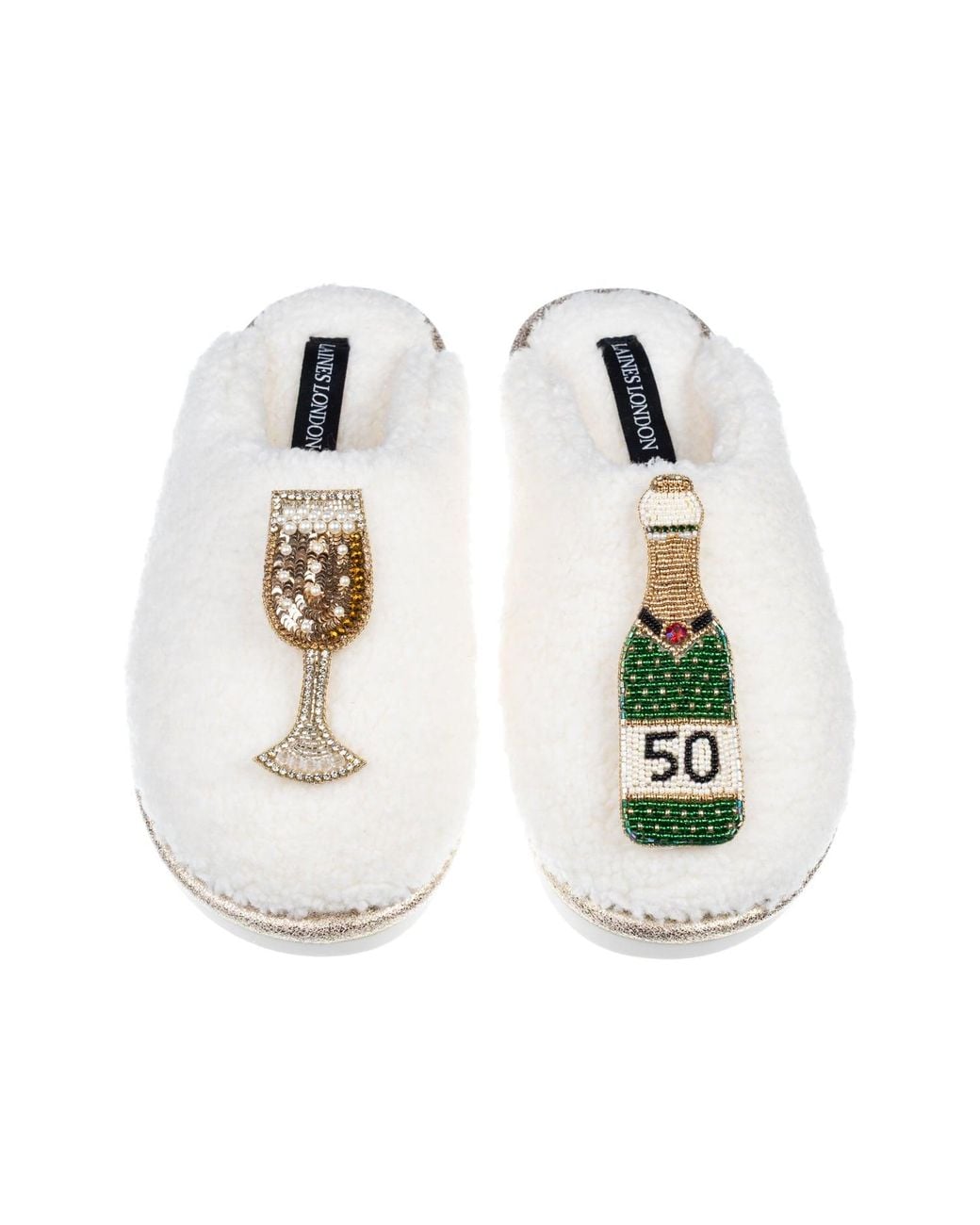 Laines London White Neutrals Teddy Closed Toe Slippers With 50Th Champers Bottle & Glass Brooches