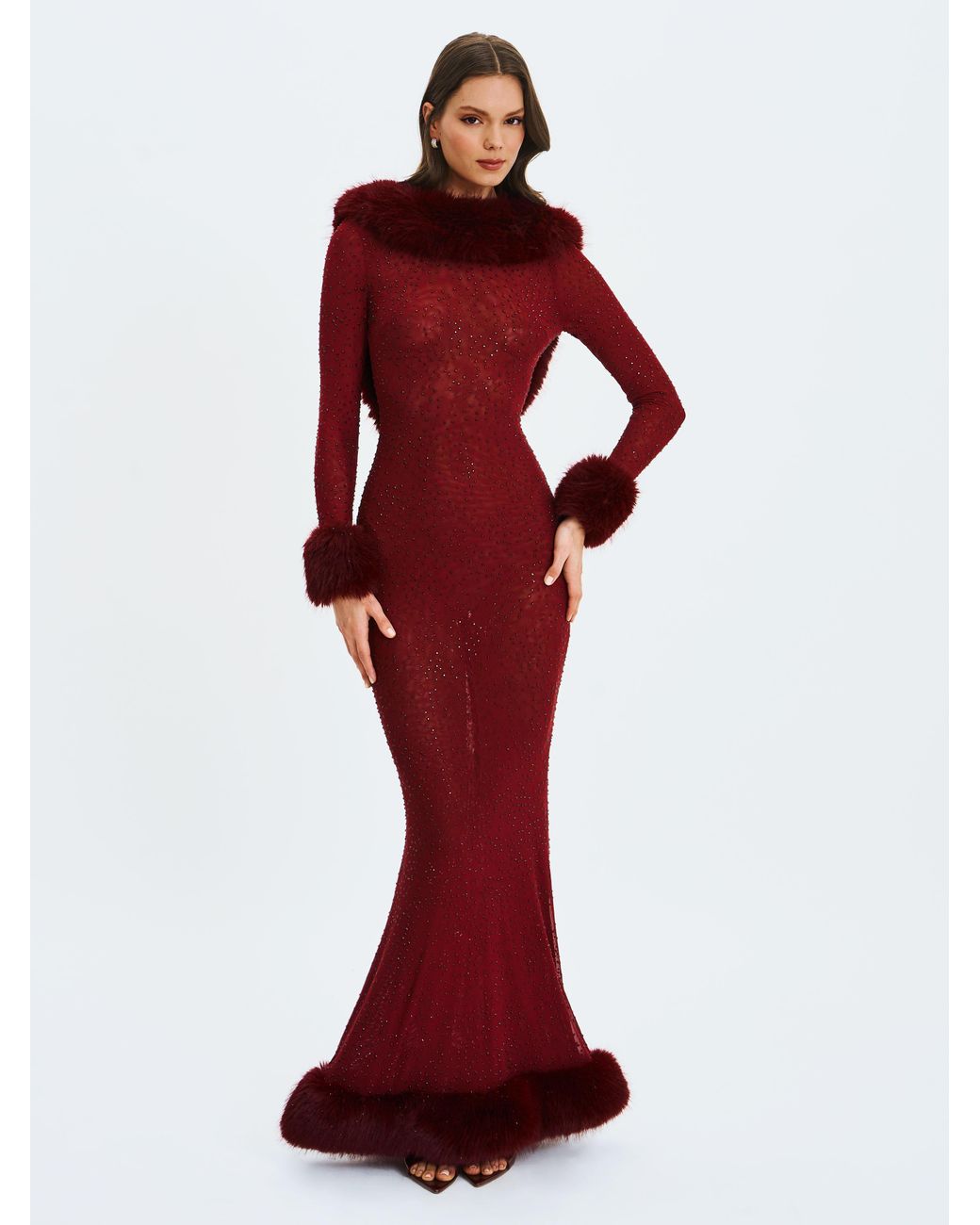 Miss Circle New York Purple Mellie Burgundy Regular-Length Rhinestone Mesh Low Back Mermaid Gown