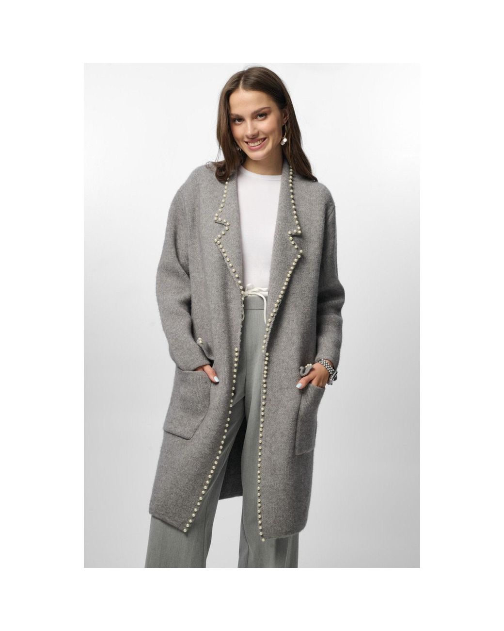Saachi Gray Pearl Trim Long Knit Blazer