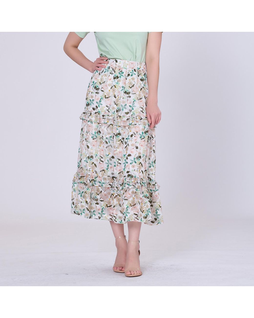 Smart and Joy White Flower Print Tiered Ruffles Midi Skirt