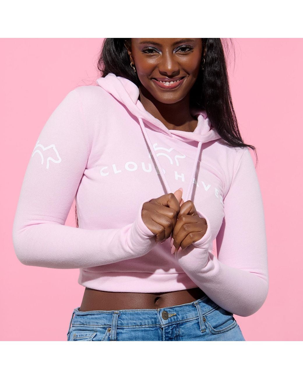 Cloud Haven Pink Cozy Crop Logo Hoodie