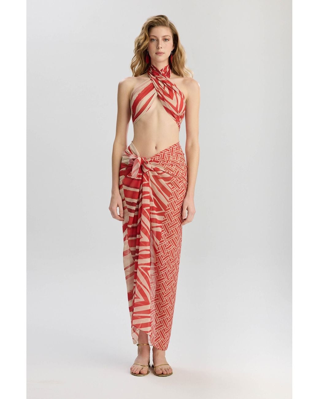 Lilamie Red Aruba Chiffon Side Tie Summer Pareo Skirt