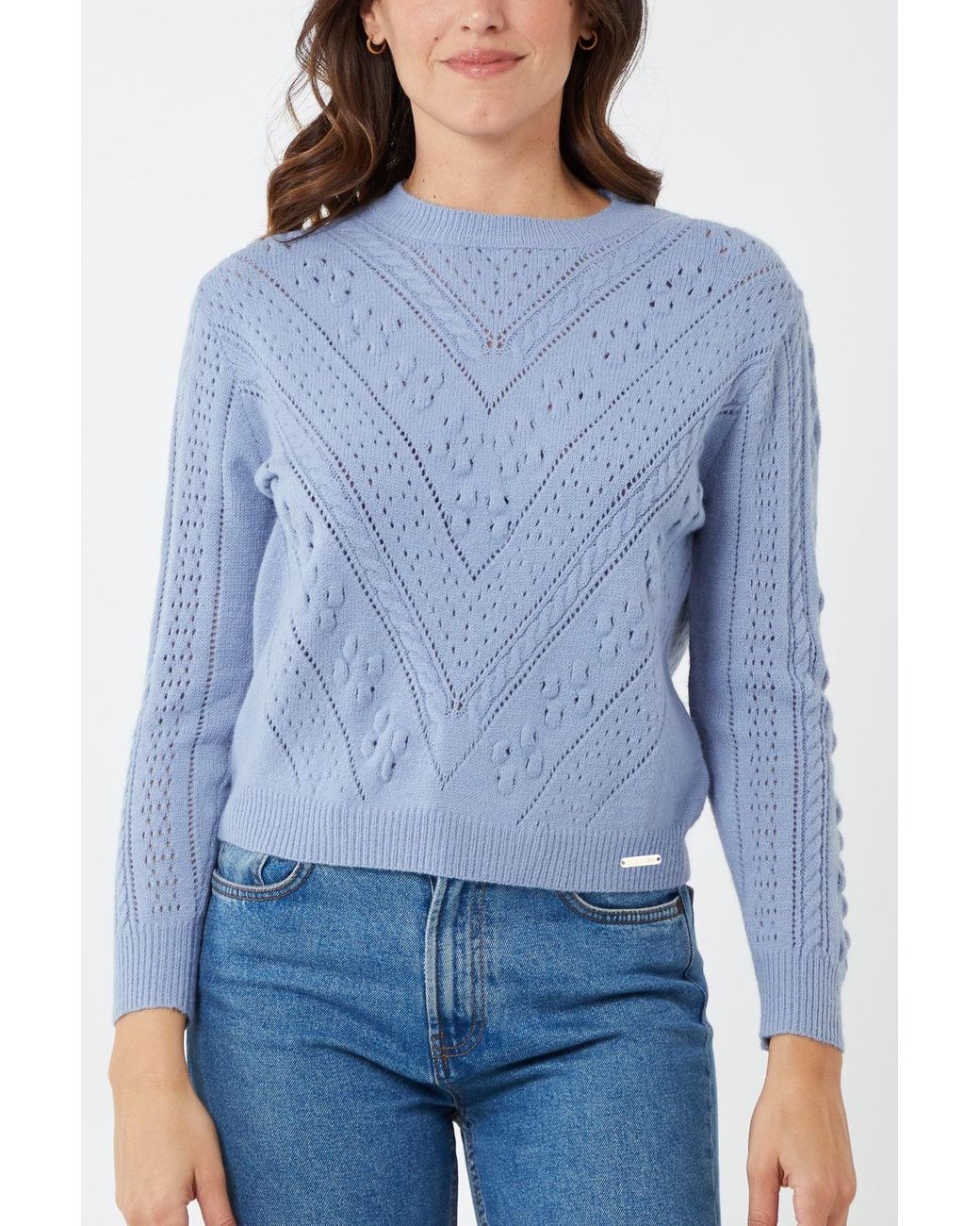 Hortons England Blue Newquay Pointelle Knit Jumper Powder