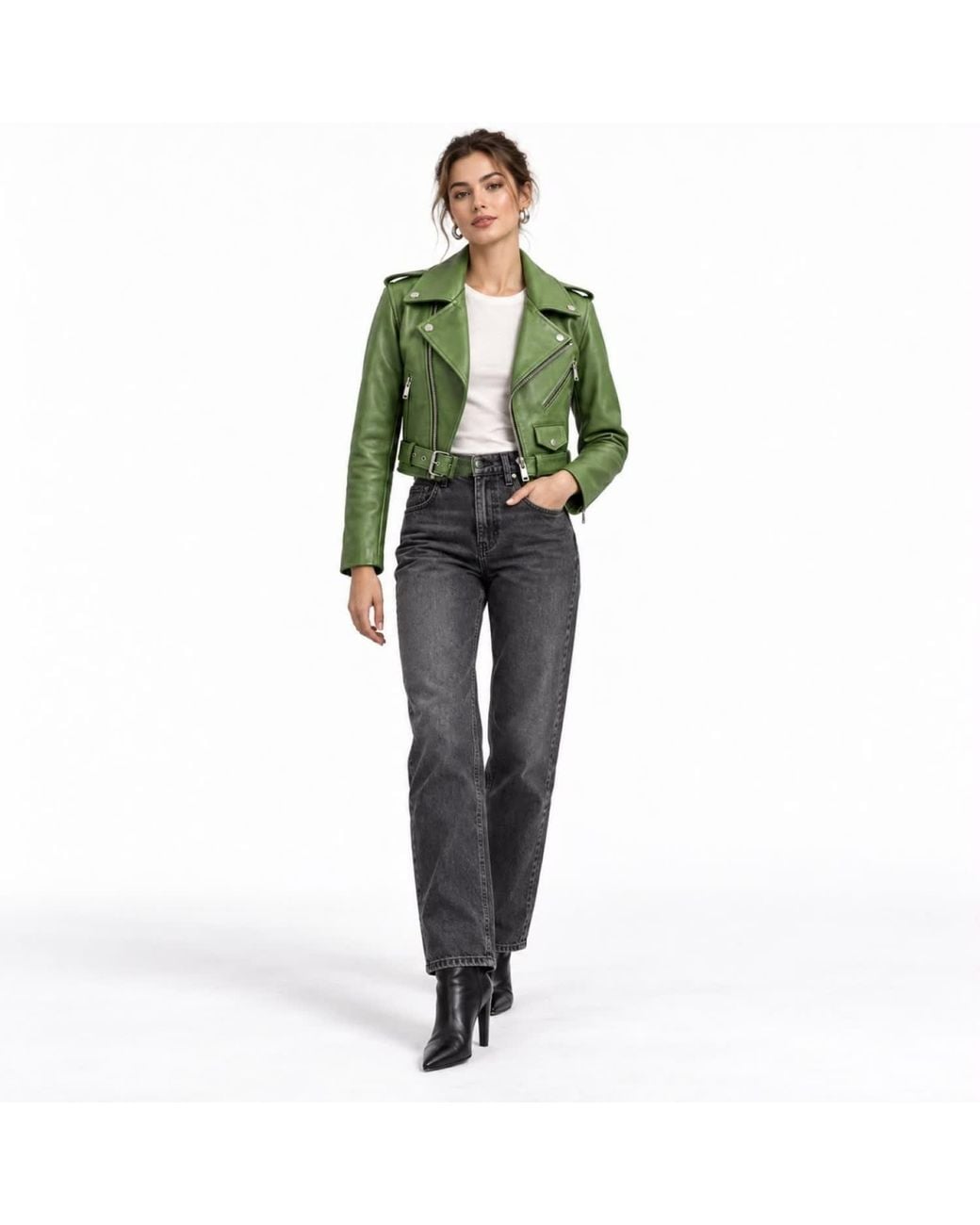 Zasta Studio Green Cropped Biker Leather Jacket