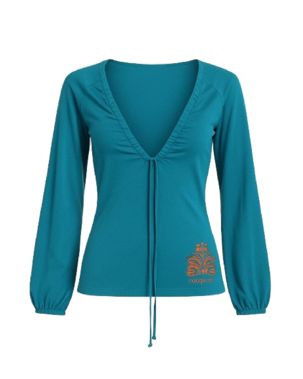 Conquista Blue Deep V-Neck Top With Front Tie & Embroidered Detail